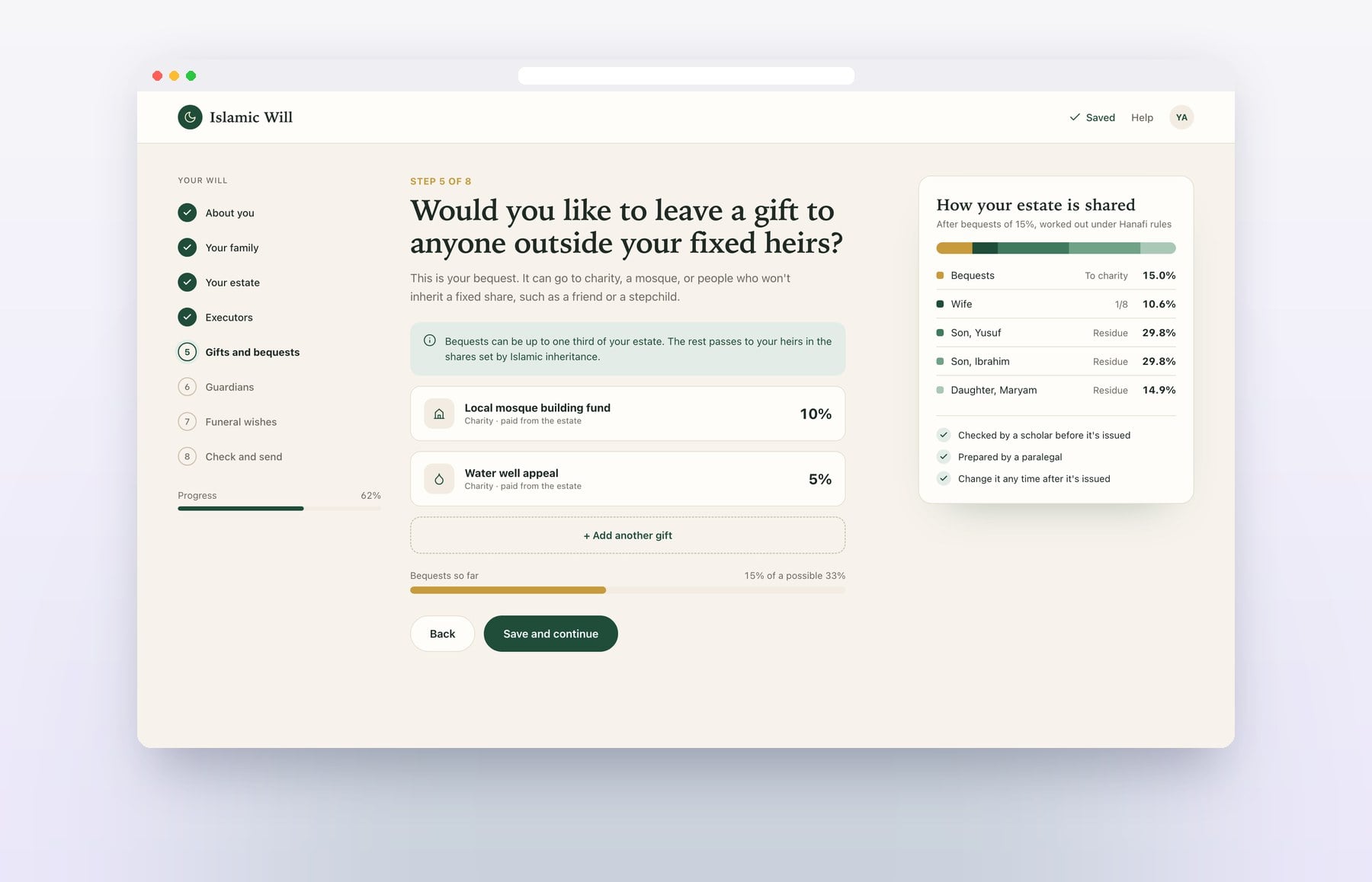 A step of the will questionnaire, with the estate shares worked out alongside