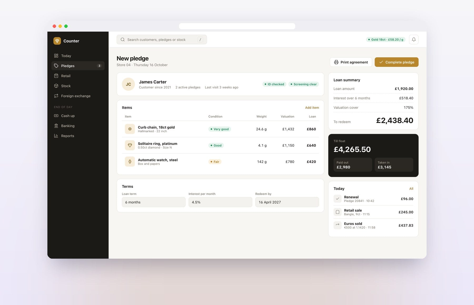 A new pledge at the counter, with items, loan terms and the till float